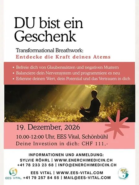 Plakat «DU bist ein Geschenk – Transformational Breathwork» mit einer meditierenden Person im Licht.